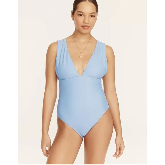 New J. Crew Baby Light Blue Plunge One-Piece Swim Bathing Suit Women's Size 24 - Picture 1 of 8